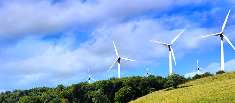 Green hilly pasture with wind turbines at the top