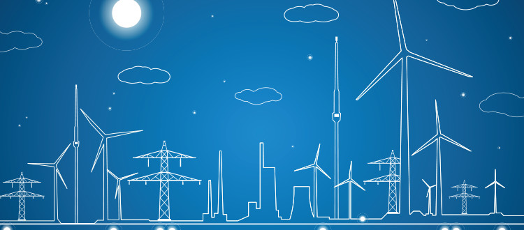 Drawing of a city and wind turbines