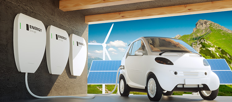 Futuristic electric car charging inside garage